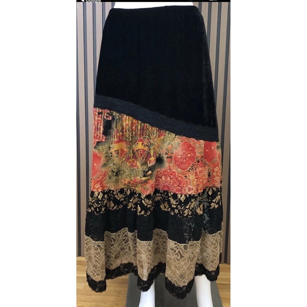 Coldwater Creek Maxi Skirt Womens PL Black Velvet‎ Lace Tiered Boho Mixed Media